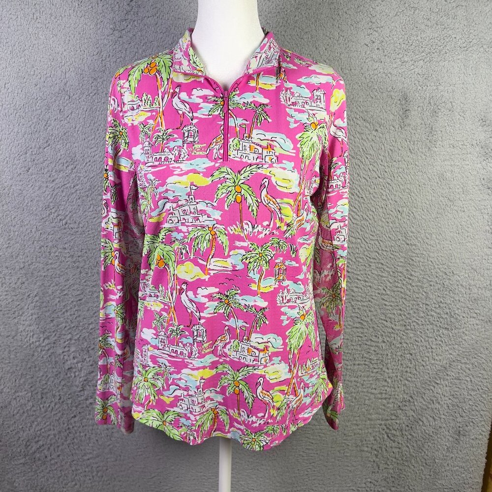 IBKUL Top Womens Small Pink Island Print 1/4 Zip Mesh Performance Golf UPF 50+